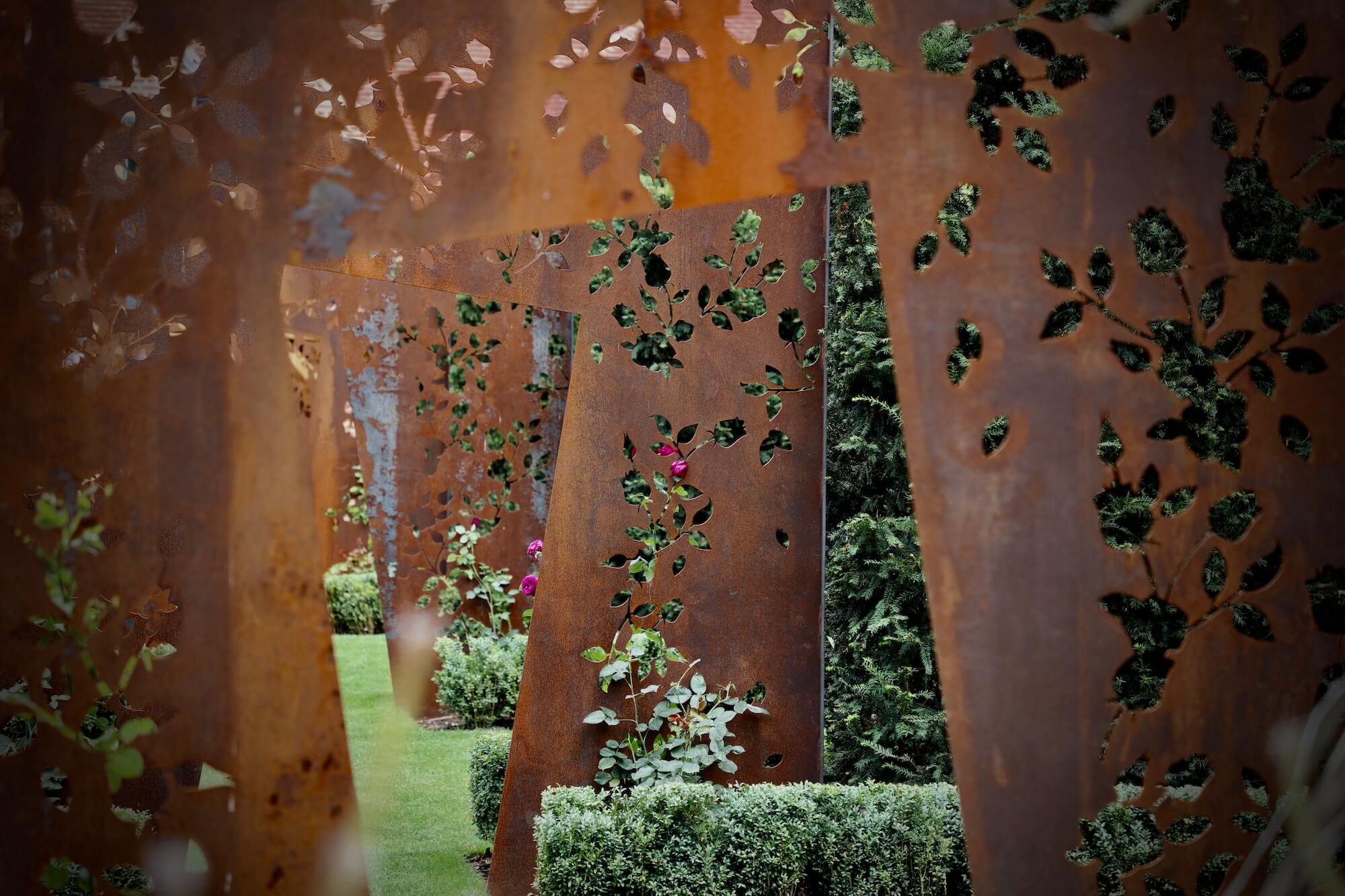 corten sculpture rose garden oxfordshire garden design