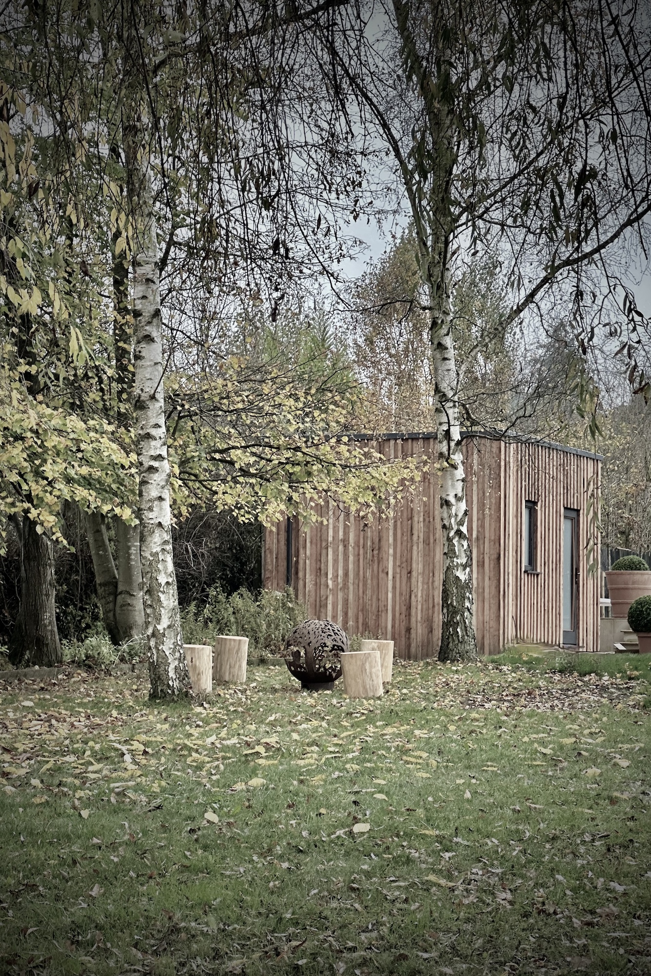 bespoke pool changing room in a scandi inspired cotswold garden design